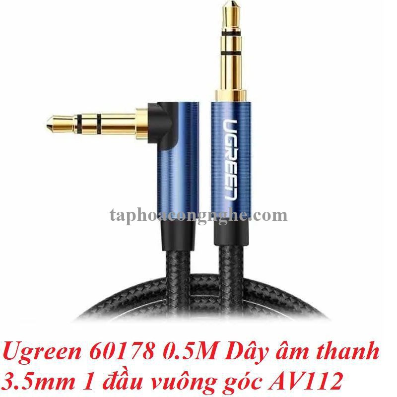 ugreen 60178 0.5M bẻ góc 90 độ cáp 3.5mm màu đen đầu xanh dương mạ vàng 24k 50cm AV112 30060178
